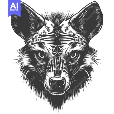 Aset premium populer: Detailed black and white illustration of an African wild dog's head wi