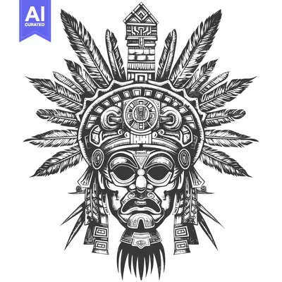 Premium design asset: Detailed Black and White Illustration of an Ancient Aztec Mask with Fe