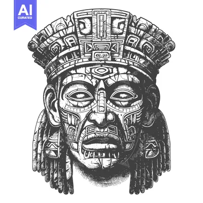 Aset premium populer: Detailed Black and White Illustration of an Ancient Mayan Mask
