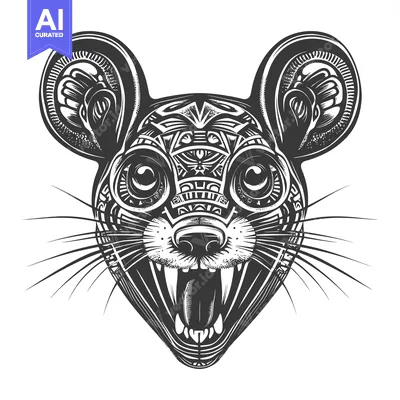 Premium design asset: Detailed Black and White Illustration of an Angry Rat with Geometric P