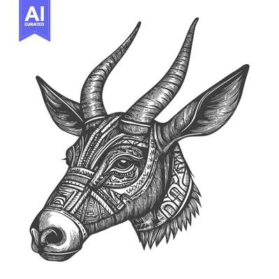Premium design asset: Detailed Black and White Illustration of an Antelope Head with Geometr