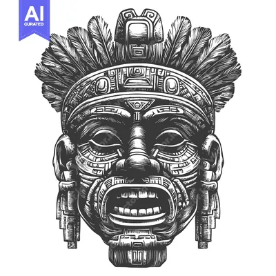 Aset premium populer: Detailed Black and White Illustration of an Aztec Mask