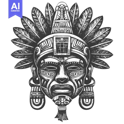 Aset desain premium: Detailed Black and White Illustration of an Aztec Mask