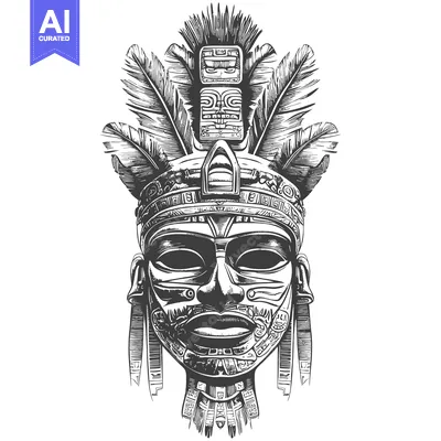 Aset premium populer: Detailed Black and White Illustration of an Aztec Mask with Feathers