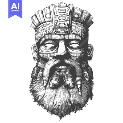 Aset desain premium: Detailed Black and White Illustration of an Aztec or Mayan Deity with