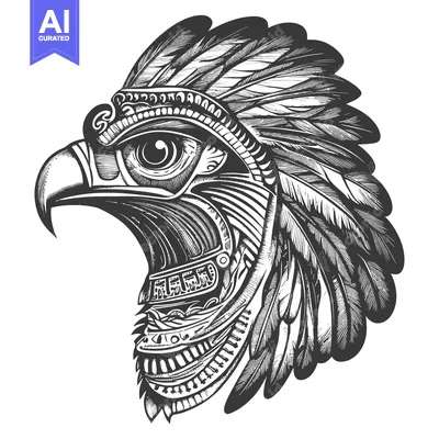 Aset premium populer: Detailed Black and White Illustration of an Eagle's Head with Feathers