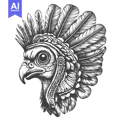 Aset desain premium: Detailed Black and White Illustration of an Eagle's Head with Feathers