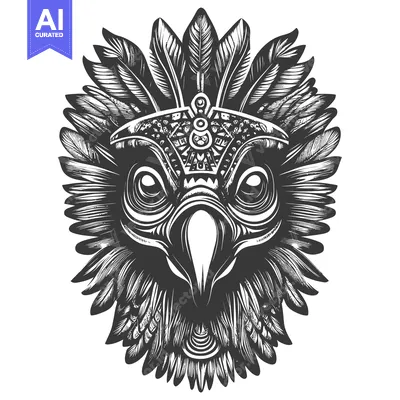 Aset desain premium: Detailed Black and White Illustration of an Eagle's Head with Feathers