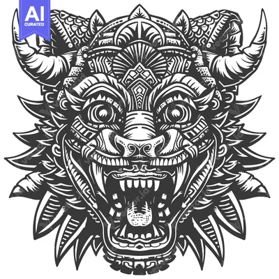 Aset desain premium: Detailed Black and White Illustration of an Ornate Animal Head