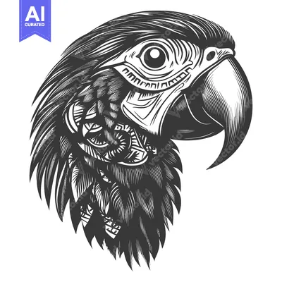 Aset premium populer: Detailed Black and White Illustration of a Parrot's Head