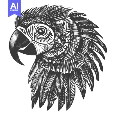 Premium design asset: Detailed Black and White Illustration of a Parrot's Head