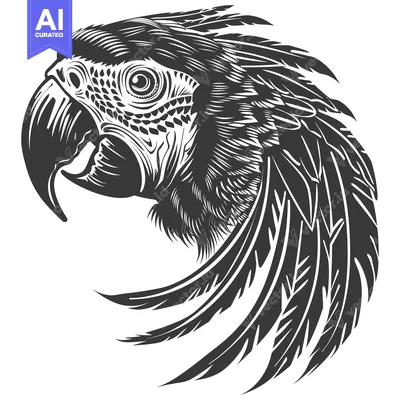 Popular premium asset: Detailed Black and White Illustration of a Parrot's Head and Feathers