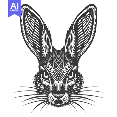 Aset premium populer: Detailed Black and White Illustration of a Rabbit's Face with Geometri
