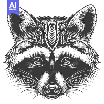 Aset desain premium: Detailed Black and White Illustration of a Raccoon's Face