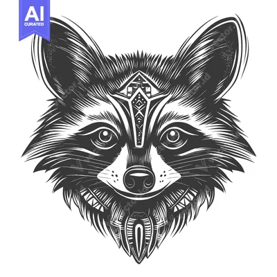 Aset desain premium: Detailed Black and White Illustration of a Raccoon's Face with Geometr