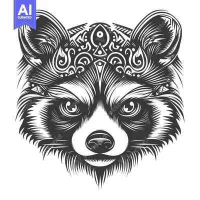 Popular premium asset: Detailed black and white illustration of a raccoon's head with an orna