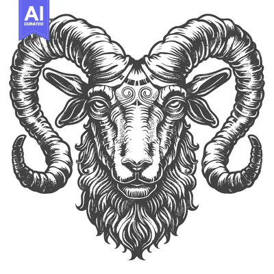 Aset desain premium: Detailed Black and White Illustration of a Ram's Head