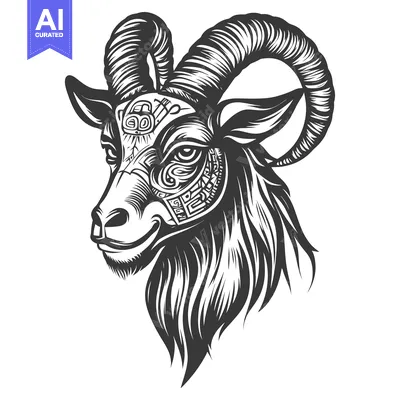 Aset desain premium: Detailed Black and White Illustration of a Ram's Head with Tribal Desi