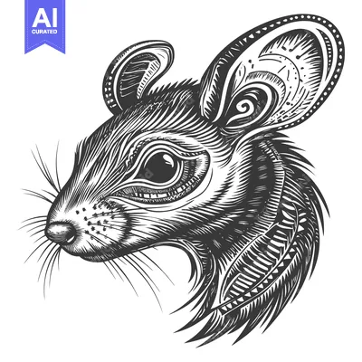 Aset premium populer: Detailed black and white illustration of a rat's head with a patterned