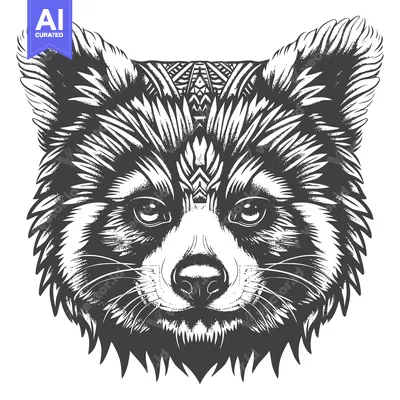 Aset desain premium: Detailed Black and White Illustration of a Red Panda's Face