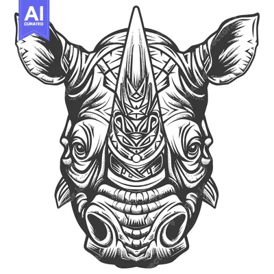 Aset desain premium: Detailed Black and White Illustration of a Rhinoceros Head