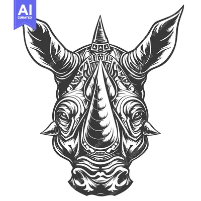 Aset desain premium: Detailed Black and White Illustration of a Rhinoceros Head