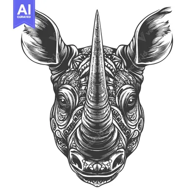 Aset desain premium: Detailed Black and White Illustration of a Rhino Head