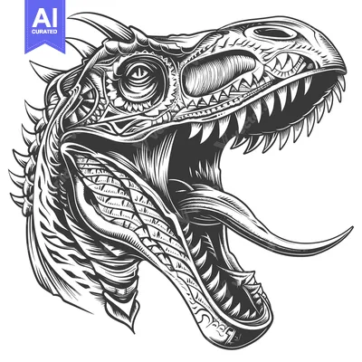 Aset premium populer: Detailed Black and White Illustration of a Roaring Dinosaur Head