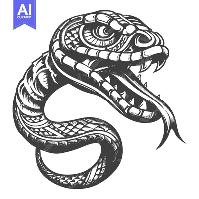Premium design asset: Detailed Black and White Illustration of a Serpent with Open Mouth and