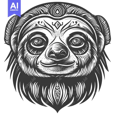 Aset premium populer: Detailed Black and White Illustration of a Sloth's Face with Ornamenta