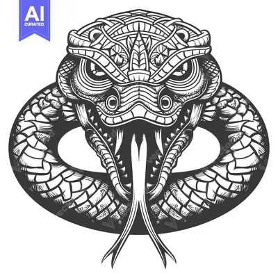 Aset desain premium: Detailed Black and White Illustration of a Snake Coiled in a Circle wi