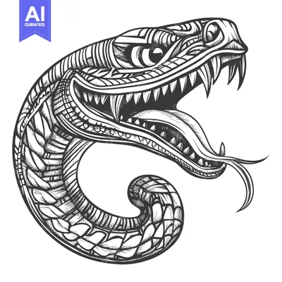 Popular premium asset: Detailed Black and White Illustration of a Snake's Head with Fangs and