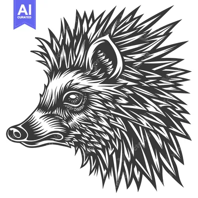 Aset desain premium: Detailed Black and White Illustration of a Spiky-Haired Hedgehog