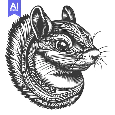 Aset premium populer: Detailed Black and White Illustration of a Squirrel's Head with Orname