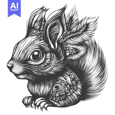 Aset premium populer: Detailed Black and White Illustration of a Squirrel with Ornate Fur