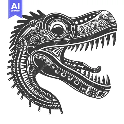 Aset premium populer: Detailed Black and White Illustration of a Stylized Dinosaur Head