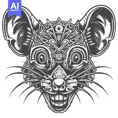 Aset desain premium: Detailed black and white illustration of a stylized rat's face with an