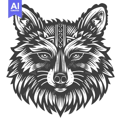 Aset desain premium: Detailed black and white illustration of a stylized wolf head