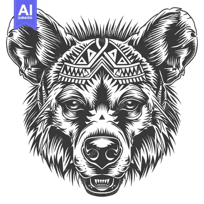 Detailed Black and White Illustration of a Wild Dog's Head with Tribal