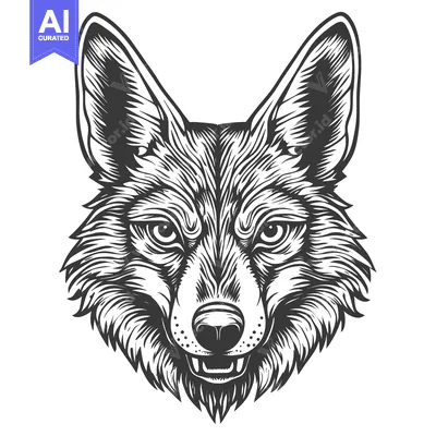 Aset desain premium: Detailed Black and White Illustration of a Wolf's Head