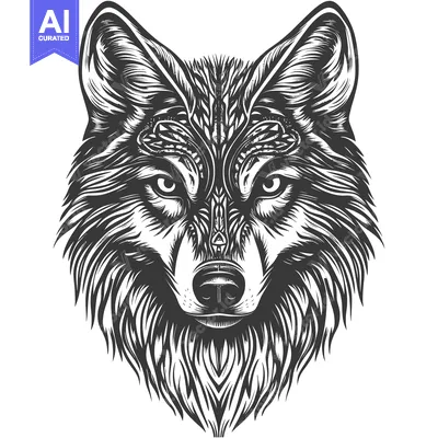 Aset desain premium: Detailed Black and White Illustration of a Wolf's Head