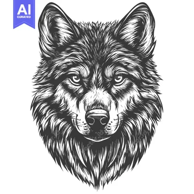 Detailed Black and White Illustration of a Wolf's Head