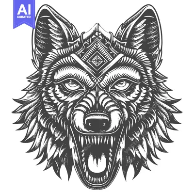 Aset premium populer: Detailed Black and White Illustration of a Wolf's Head with an Ornate