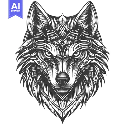 Aset premium populer: Detailed Black and White Illustration of a Wolf's Head with Ornamental