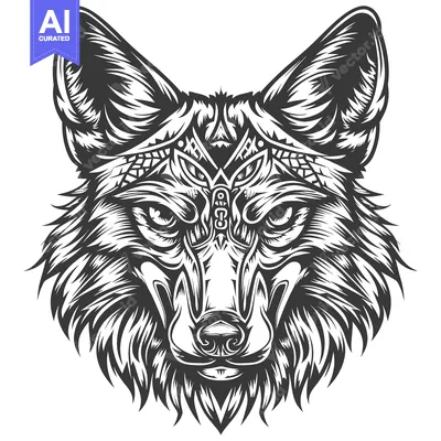 Aset premium populer: Detailed Black and White Illustration of a Wolf's Head with Tribal Des