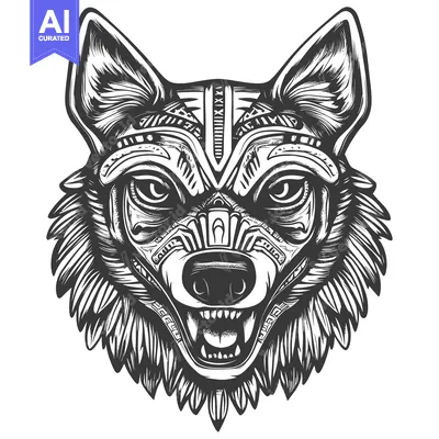 Aset premium populer: Detailed Black and White Illustration of a Wolf's Head with Tribal Des