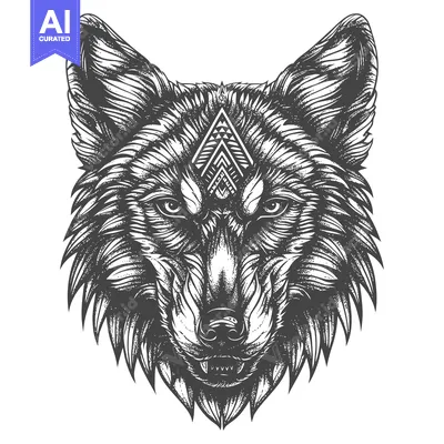 Popular premium asset: Detailed Black and White Illustration of a Wolf's Head with Tribal Des