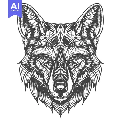 Aset desain premium: Detailed Black and White Line Art Illustration of a Fox's Head