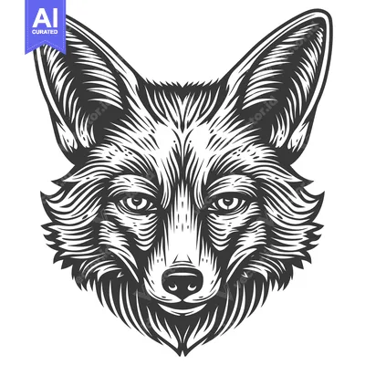 Aset desain premium: Detailed Black and White Line Drawing of a Fox's Head