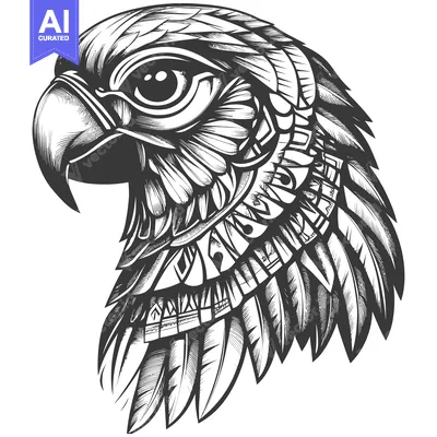 Aset premium populer: Detailed Black and White Sketch of an Eagle's Head with Feathers
